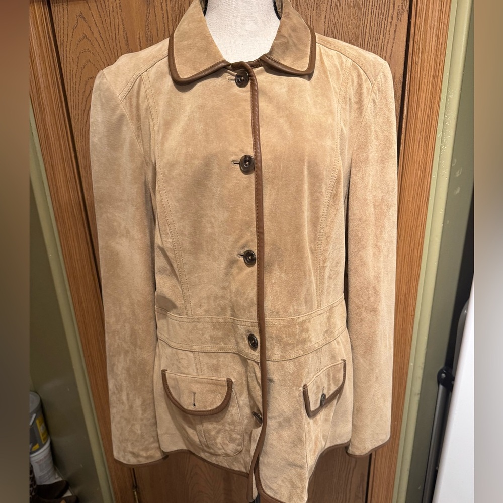 EDDIE BAUER SZ L Seattle Suede Vintage Tan Brown Trim Pockets Back Slits Jacket